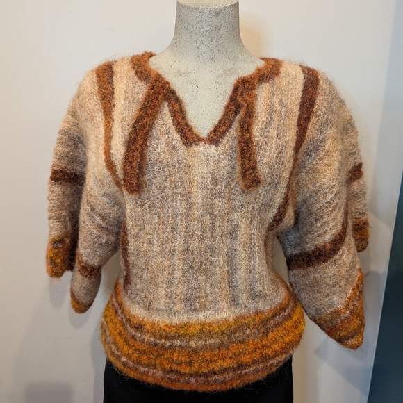 Vintage Women's knit mohair Silk wool blend striped sweater  kimono Sleeve Sz L - Picture 1 of 12